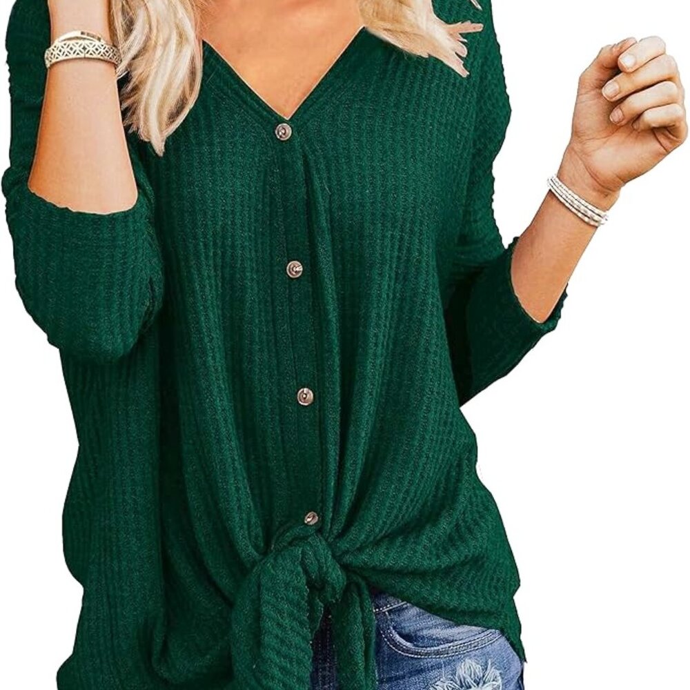 NWOT IWOLLENCE 2XL Plus Waffle Knit Tie Knot Tunic Top Green Long Sleeve Batwing